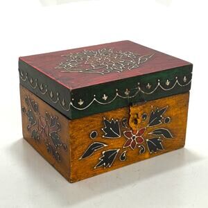 Vintage Rustic Wooden Christmas Box 6 x 5 x 4 Inches Hand Painted Indian Art